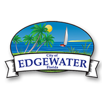 City of Edgewater Florida logo with palm trees and a boat in the background