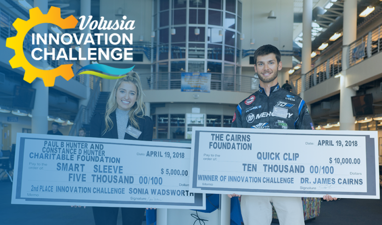 Volusia Innovation Challenge logo on top of an image of 1st and 2nd place winners of a past innovation challenge competition holding big checks.